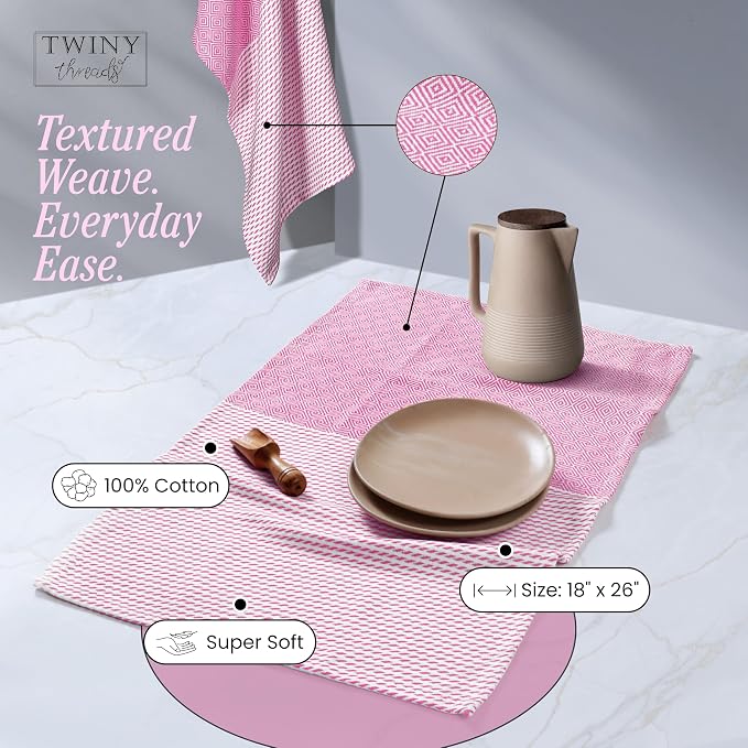 TWINY threads Kitchen Towel Diamond Weave, 4 Pack, Premium Large 100% Cotton Kitchen Linen Set, Absorbent Quick Drying Dish Rags for Drying Dishes, Multi Purpose Washable Towel, 18"x26", Rose Pink