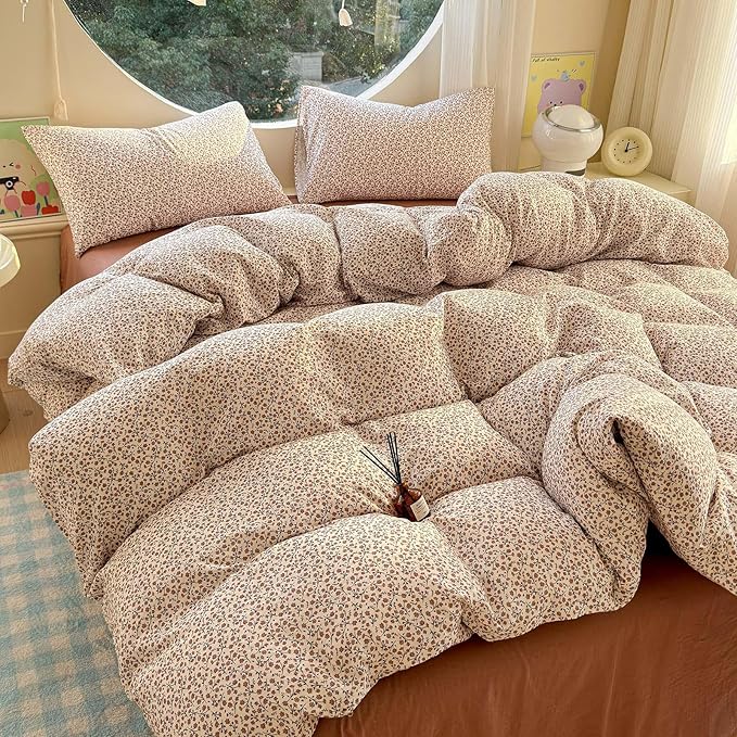 LifeTB Muslin Cotton Duvet Cover Set Twin XL Vintage Floral Duvet Cover Ultra Soft Breathable Comforter Cover Chic Flower Bedding Set Linen Feel Textured Gauze Comforter Cover with Zipper Closure