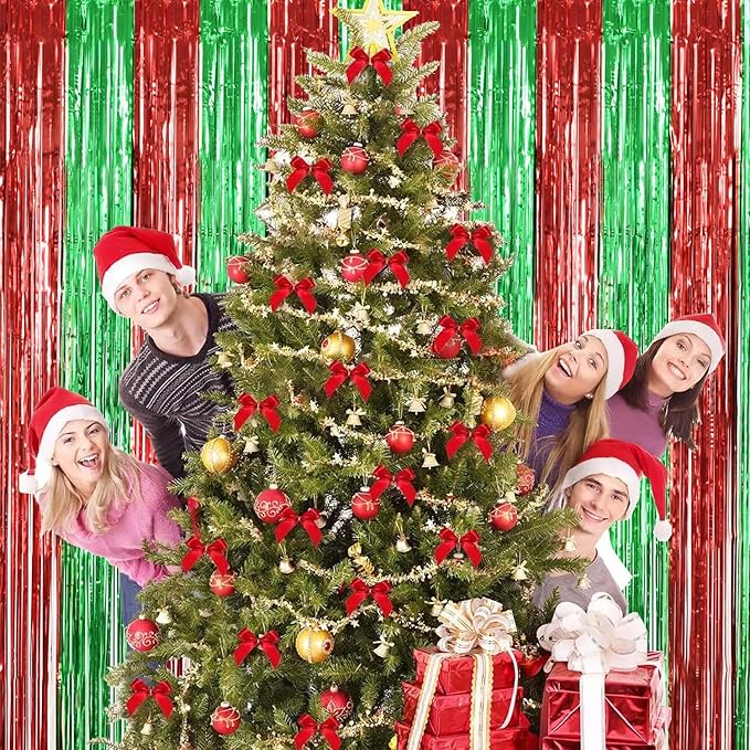 TONIFUL 3Pcs Red Green Door Streamers,Red GreenPhoto Booth Backdrop Metallic Streamers Foil Fringe Curtains for Birthday,Christmas,New Year,Bachelorette,Grad Party Streamers Decor(9.9ft x 6.6ft)
