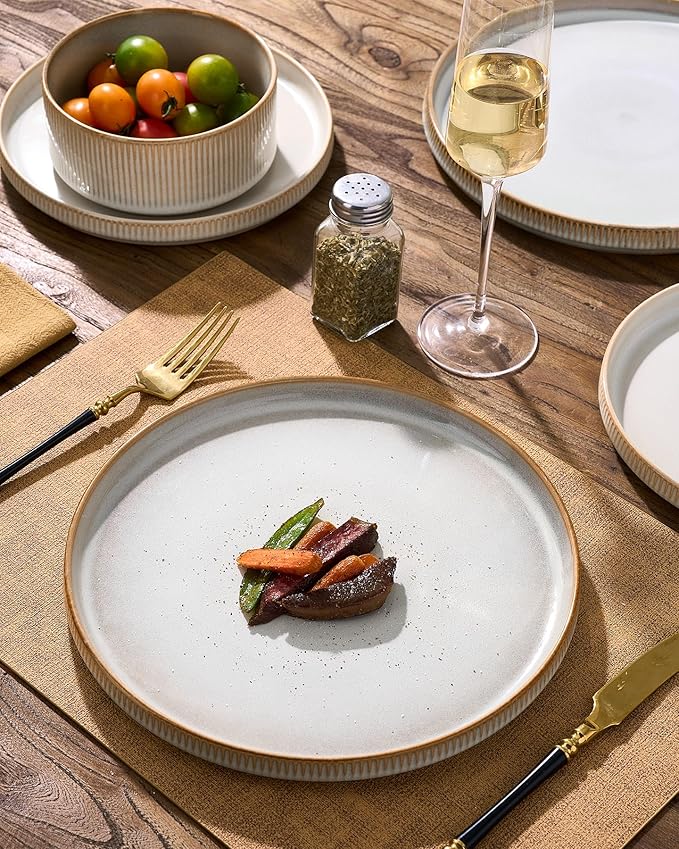 Stoneware Plates and Bowls Dishes Sets for 6 (18-Piece), Famiware Premium Handcrafted Reactive Glaze Dinnerware Set with Raised Rim, Scratch Resistant, Microwave Dishwasher Safe, Cappuccino White