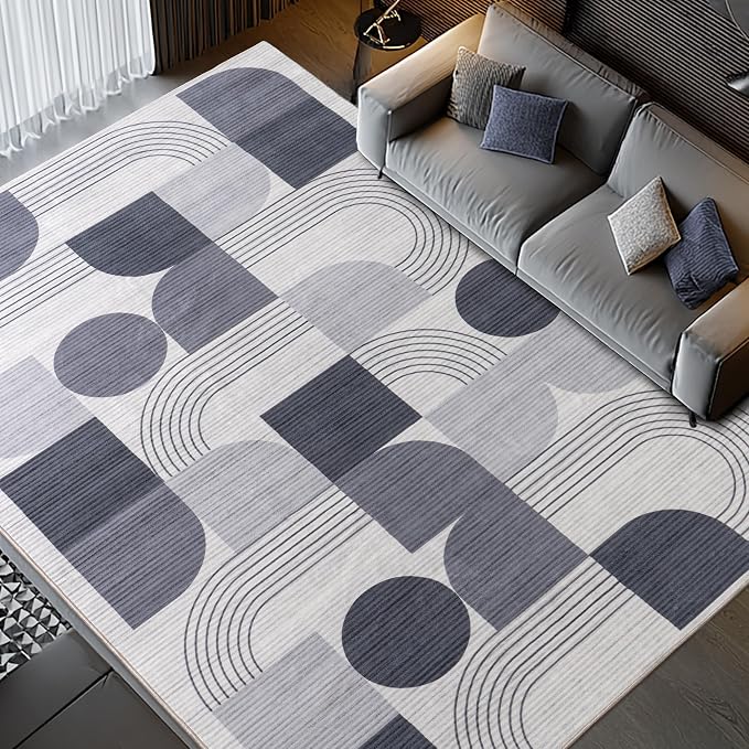 Large Machine Washable 6x9 Area Rug, Soft Modern Geometric Abstract Grey Rugs for Bedroom Living Room, Non-Shedding Faux Wool Indoor Throw Floor Carpet for Office Entryway Dining Room Decor