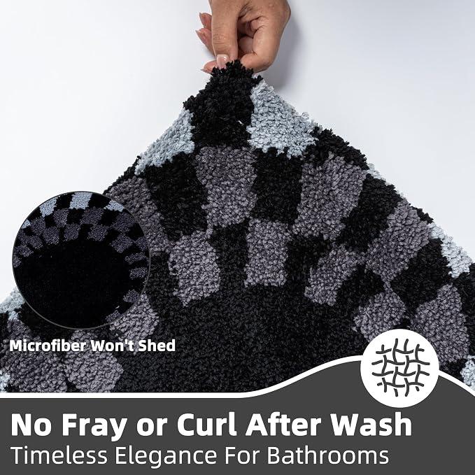 Non Slip Tufted Checkered Bath Mat, Cute Funky Microfiber Absorbent Bath Rug for Bathroom Sink, Toilet, High Pile Black and White Checkerboard Rug, Machine Washable, 16"x24"