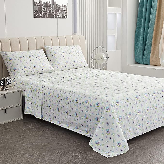 Softan Floral Full Sheet Set Blue Purple Flower Printed Bed Sheets, Soft Microfiber Patterned Fitted Sheets Full with 15" Deep Pocket & Non-Slip Straps, Summer Cooling Sheets & Pillowcase Set
