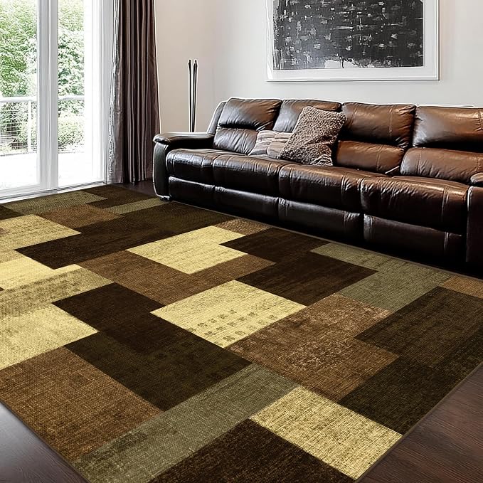 Modern Geometric Patchwork Indoor Area Rug for Living Room, Warm Taupe 4x6 Large Rug Rockwood Collection Hardwood Floors Decor for Bedroom, Taupe Throw Carpet for Office Entryway Dining Room