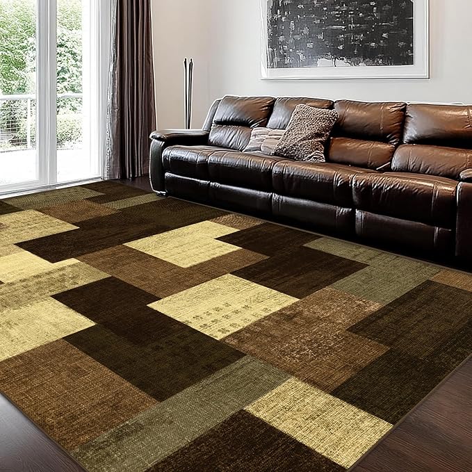 Modern Geometric Patchwork Indoor Area Rug for Living Room, Warm Taupe 5x7 Large Rug Rockwood Collection Hardwood Floors Decor for Bedroom, Taupe Throw Carpet for Office Entryway Dining Room