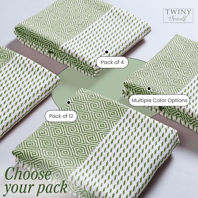 TWINY threads Kitchen Dish Towel Diamond Weave, Premium Large 100% Cotton Kitchen Linen Set, Dish Rags and Wash Rags, Absorbent Quick Drying, Washable Reusable, Pack of 4, 18 x 26 Inch, Mint Green