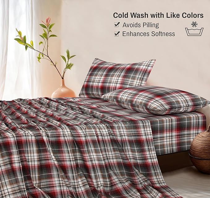 RUVANTI Flannel Sheets California King Size - 100% Cotton Brushed Cal King Bed Sheets Set - Deep Pockets 14 Inches - All Seasons Breathable & Extra Soft - Warm & Cozy, 4 Piece, Halloween Check