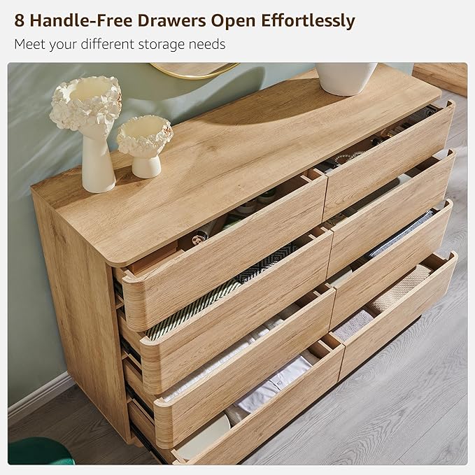 JXQTLINGMU 8 Drawer Dresser for Bedroom, Modern Push-to-Open Chest of Drawers, Large Wood Storage w/Curved Profile & Handleless Design, 52" Wide Dresser TV Stand for Bedroom, Living Room, Natural Oak