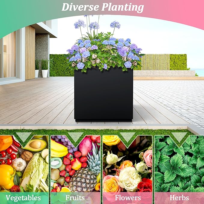 Metal Planter Box Rectangular Planter Box with Drainage Hole, Outdoor Large Planters, All-Weather Use, Rust-Resistance, for Flowers Plants, 17" L × 17" W × 18" H, Black