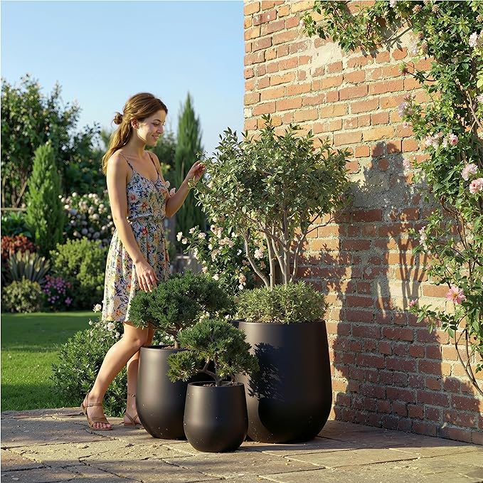 DTY Signature Mount Wilson Modern Indoor Outdoor Fiberstone Tapered Planter, Lightweight, Weather Resistant Garden Pot with Drainage Hole & Rubber Plug, Planter for Christmas Decor - Black, Large