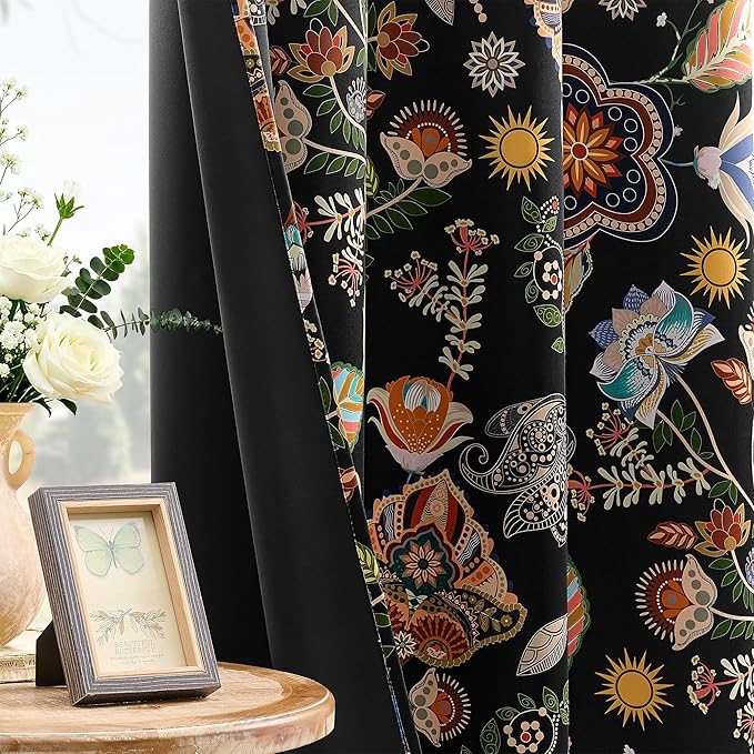 XiDi Dark Black Floral Blackout Curtains 96 Inches Long for Living Dining Room 2 Panels Patterned Curtains Decorative Thermal Insulated Luxury Vintage Flower Botanical Printed Grommet Drapes 52x96