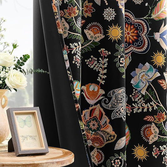 XiDi Black Floral Curtains 90 Inches Long for Living Room Bedroom 2 Panels Blackout Patterned Curtains Decorative Thermal Insulated Luxury Vintage Dark Flower Botanical Printed Grommet Drapes 52x90