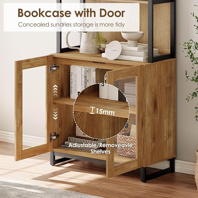WAMPAT 4 PCS Modern 72" Tall Bookcases with Glass Doors and Adjustable Shelves, Library Book Shelf with Storage Cabinet and Open Book Shelfs, Wood Bookshelves for Home Office, Living Room, Oak