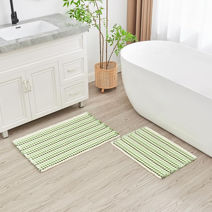 Douceur Boho Bath mat for Bathroom Floor Non Slip, Acrylic Blend Cute Bath Mats with Tassels, Quick Dry Bath mats Machine Washable, 16" x 24", Green