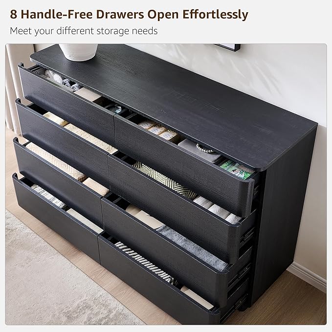 JXQTLINGMU 8 Drawer Dresser for Bedroom, Modern Push-to-Open Chest of Drawers, Large Wood Storage w/Curved Profile & Handleless Design, 52" Wide Dresser TV Stand for Bedroom, Living Room, Black