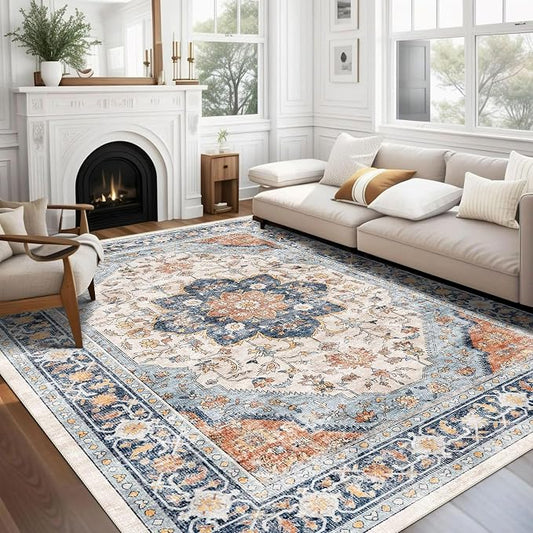 vivorug 4x6 Rug, Boho Small Area Rug for Living Room, Bedroom, Kitchen, Machine Washable Non-Slip Throw Rug, Vintage Floral Carpet for Entryway Nursery Coffee Table - Durable (Orange/Navy)