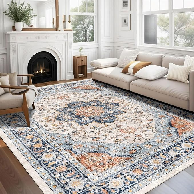 vivorug 6x9 Area Rugs, Ultra-Soft Washable Boho Rug for Living Room Dinner Room Bedroom, Non-Slip Vintage Floral Indoor Carpet Large Area Rug Orange/Navy