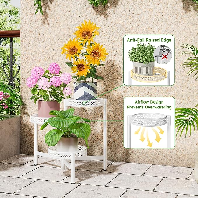 3 Tiered Tall Plant Stand Indoor Outdoor, Metral Plant Shelf for Corner Display Rack, Multi-Tier Folding Planter Pot Holder Flower Stand for Living Room Balcony Garden Patio - WhiteWave