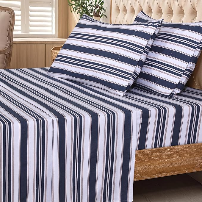 RUVANTI Flannel Sheets Full Size - 100% Cotton Double Brushed Bed Sheets Set, Deep Pockets 16 Inches, All Seasons Breathable & Extra Soft Full Sheets, Warm & Cozy, 4 Piece, Maritime Stripe