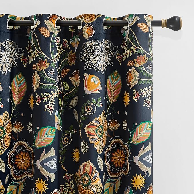 XiDi Navy Blue Vintage Floral Patterned Blackout Curtains 84 Inches Long for Bedroom Living Room 2 Panels Thermal Insulated Luxury Modern Curtains Dark Botanical Leaf Printed Design Grommet Drapes