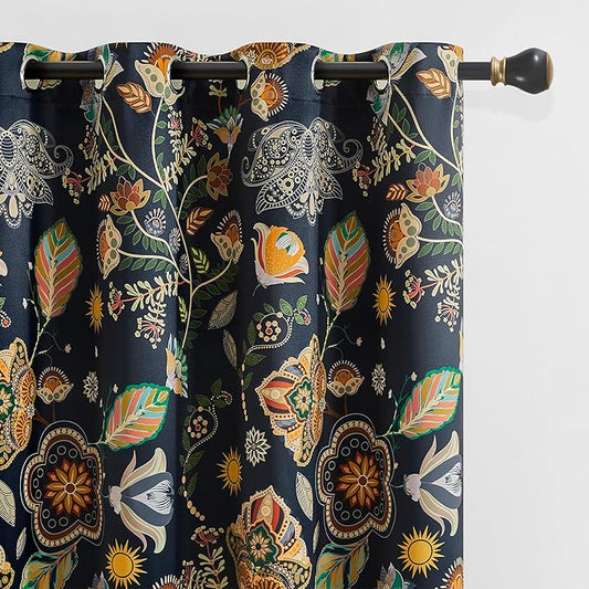 XiDi Navy Blue Vintage Floral Patterned Blackout Curtains 84 Inches Long for Bedroom Living Room 2 Panels Thermal Insulated Luxury Modern Curtains Dark Botanical Leaf Printed Design Grommet Drapes