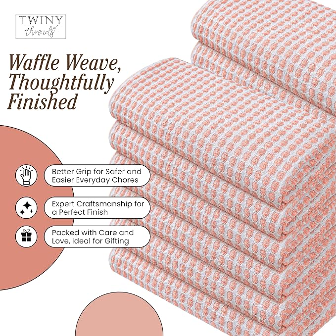 TWINY threads Circle Waffle Dish Towels 4 Pack, 16x26 Inches, 100% Cotton, Soft, Breathable, Durable, High Absorbency Dishcloth Set, Perfect for Daily Kitchen Use, Drying Glassware, Light Orange