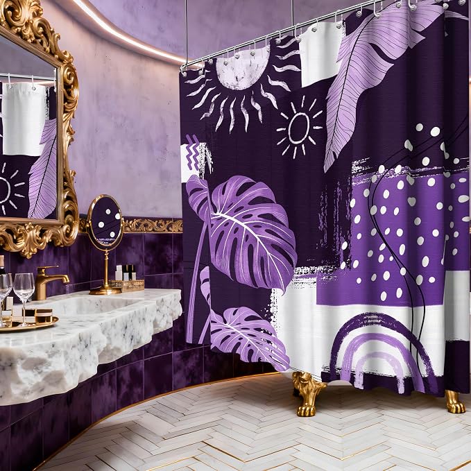 Extra Long Shower Curtain Extra Tall Boho XL Dark Purple Shower Curtains for Large Bathroom Decor Sets, Waterproof Cloth Fabric with Hooks, 108x72 Inch