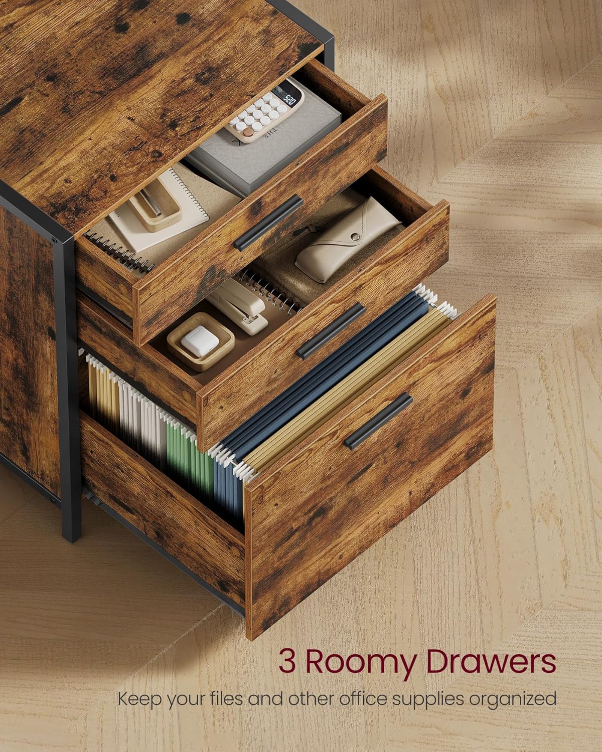 VASAGLE File Cabinet - Height-Adjustable Home Office Filing Cabinet with 3 Drawers - Rustic Brown
