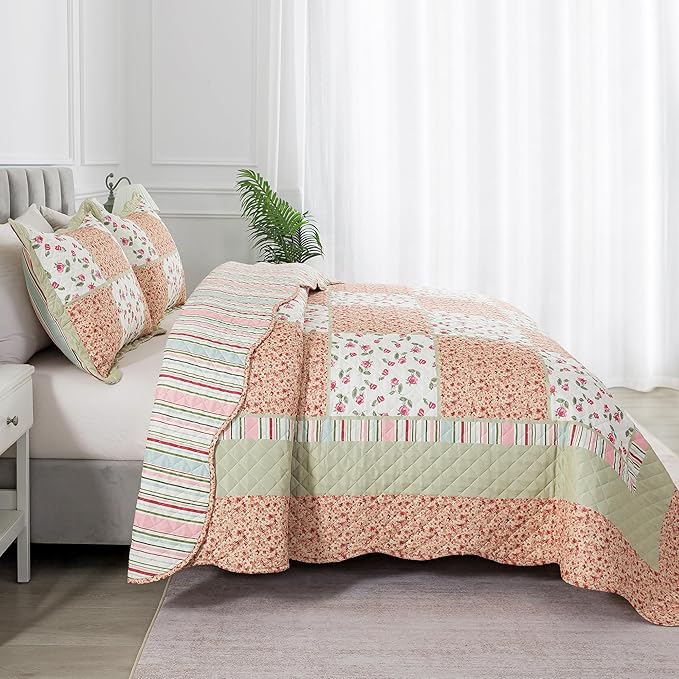 HoneiLife Queen Size Quilt Sets - Microfiber Quilt Set 3-Piece,Lightweight Bedspreads Reversible Coverlets Retro Bed Cover Floral Bedding Set, Queen Quilt Bedding Sets for All Season Use