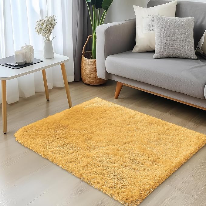 OLANLY 2x3 Machine Washable Small Bedside Rug, Soft Fluffy Shaggy Entryway Throw Rugs for Bedroom, Living Room, Indoor Floor Carpet for Kids Girls and Boys, Home Decor Aesthetic, Mustard Yellow
