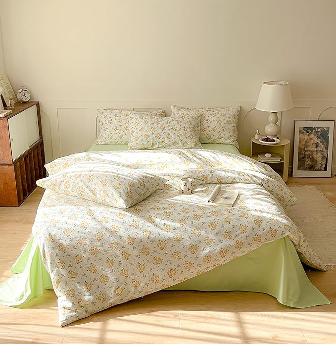 EAVD Chic Shabby Small Yellow Floral Duvet Cover Queen Soft 100% Cotton Garden Floral Bedding Set with 2 Pillowcases Reversible Floral Cottagecore Bedding Set with Zipper Closure