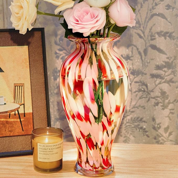 QFkris Hand Blown Glass Vase for Flowers, 12 Inch Tall Crystal Flower Vases for Bouquet Home Decor Decorative Centerpieces, Unique for Mom, Valentine's Day Gift for Her Lover Girlfriend