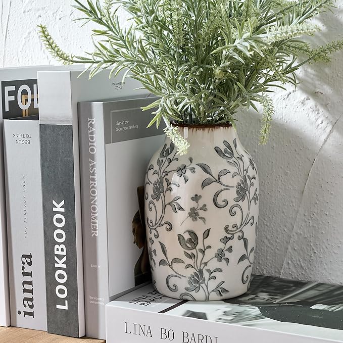 SIDUCAL Ceramic Vintage Vase, 7 Inch Retro Ice Cracked Chinoiserie Floral Vase, Rustic Farmhouse Vases for Home Decor, Bookshelf, Office, Garden, Chinoiserie Decor, Tuscan Decor, Gray Floral Pattern