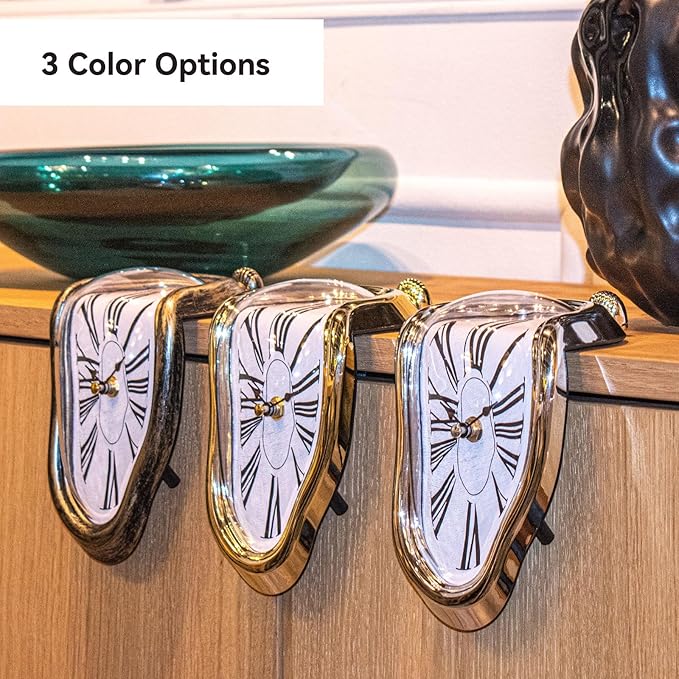 Melting Shelf Clock Art Decor - Salvador Dali Surreal Dripping, 8x4 in Bright Silver Polished Shelf & Desk Gift