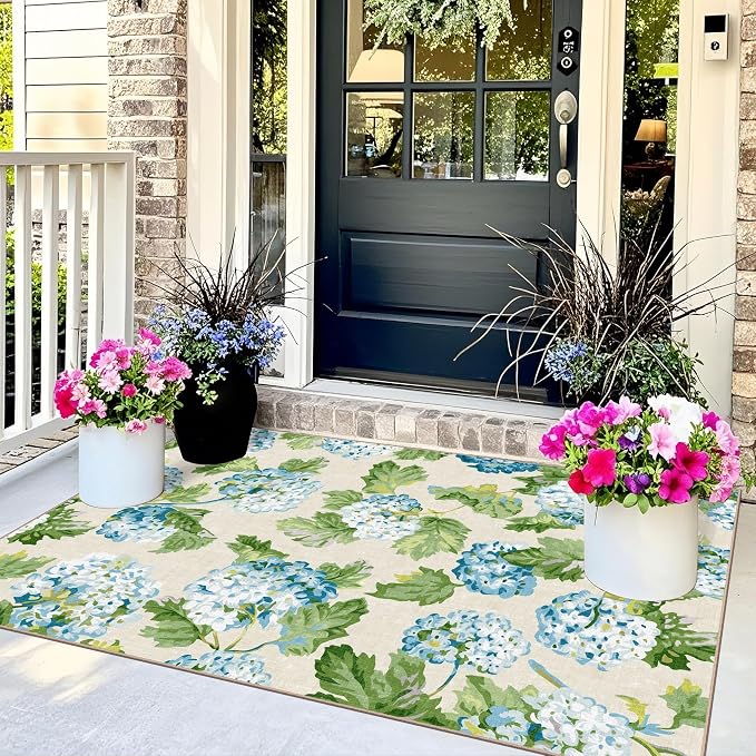 3x5 Floral Entry Rug - Small Washable Indoor Outdoor Mats for Front Door Non-Slip Porch Rug Blue Green Botanical Flower Throw Rugs for Living Room Bedroom Entryway Kitchen Office Porch Decor