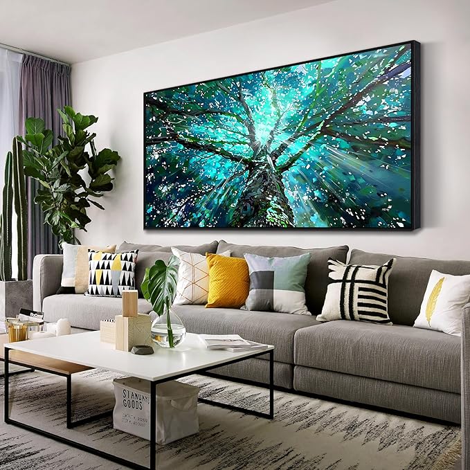 Tree Canvas Wall Art for Office - Green Picture Decor - Black Framed Wall Art Living Room Size 29" x 59"