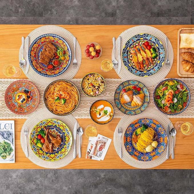 vancasso 24-Piece Dinnerware Sets,Plates & Bowls Sets Service for 6, Bohemian Porcelain Dishes Set for 6, Kitchen Dinner Set,Microwave & Dishwasher Safe, Scratch Resistant,Series KRVI
