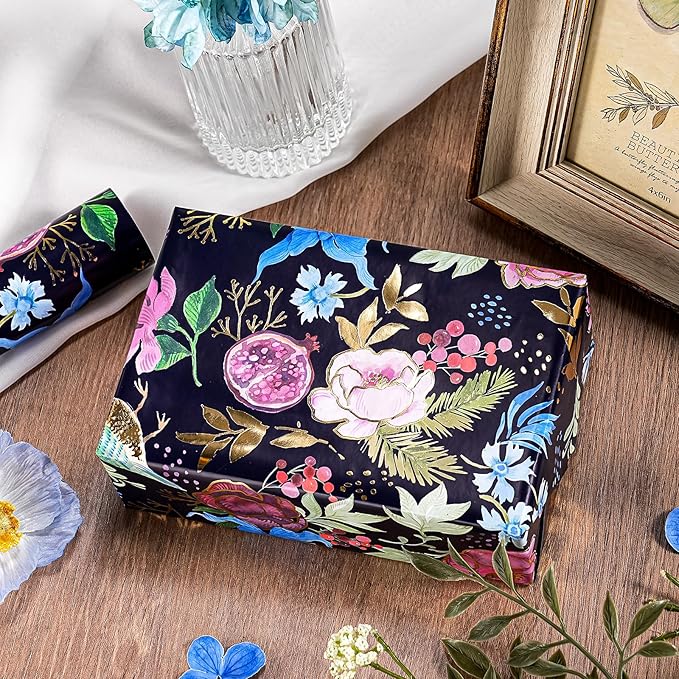 WRAPAHOLIC Floral Wrapping Paper Roll - Mini Roll - 17 Inch x 16.5 Feet - Elegant Gold Foil Birds and Flower Wrapping Paper Perfect for Wedding, Birthday, Bridal Shower, Tea Party
