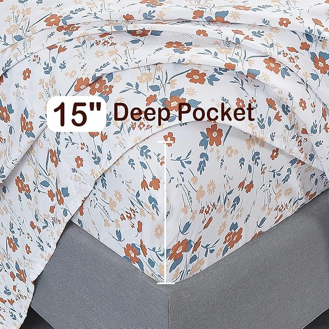 Softan Orange Flower Sheets for King Size Bed Floral Bed Sheets King Printed Sheets - 4 Piece Soft Microfiber Patterned Fitted Sheets King with 15" Deep Pocket