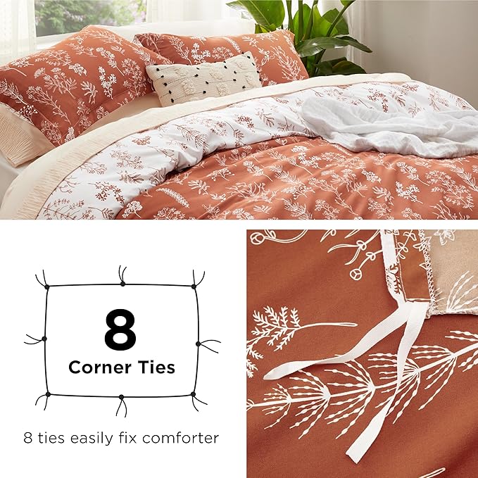 Bedsure Duvet Cover Queen Size - Reversible Terracotta Queen Duvet Cover Set with Zipper Closure, 3 Pieces Floral Patterned Bedding Set with 8 Corner Ties and 2 Pillow Shams