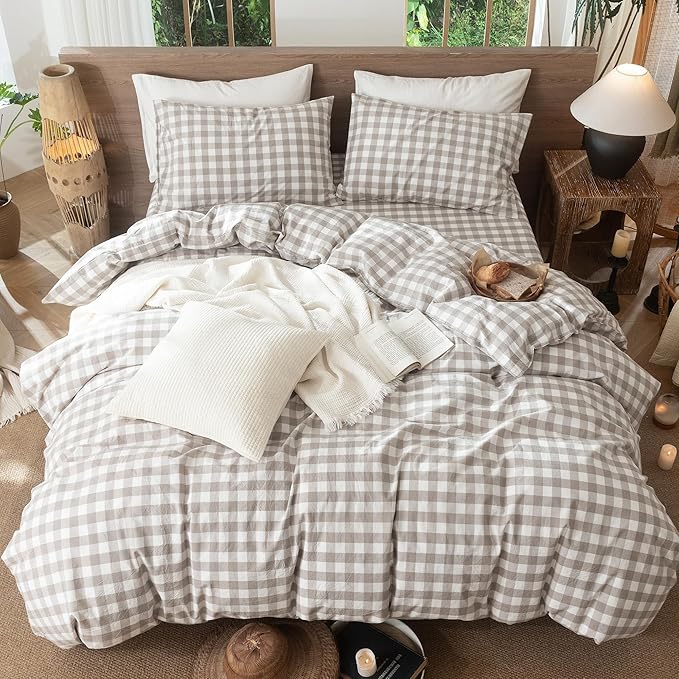 MooMee Gingham Duvet Cover Set 100% Washed Cotton Linen Like Textured Breathable Durable Soft Comfy Modern Checkered Design (Buffalo Plaid Tannish Linen Grey, Twin 68"x90")