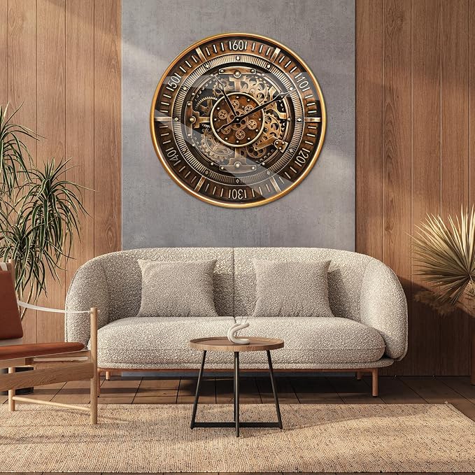 24 Inch Large Real Moving Gears Wall Clock,Vintage Industrial Steampunk Metal Wall Decor with Convex Glass, Silent Non-Ticking Oversized Clock for Living Room, Office(24 Inch Antique Brass Gold)