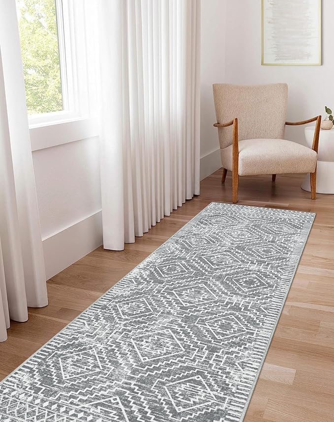 Wonnitar Washable Rug Runner for Kitchen, 2'6"x10' Moroccan Extra Long Runner Rugs for Hallways, Boho Non-Shedding Low Pile Floor Carpet Runner for Entryway Living Room (Silver Grey,2'6"x10')