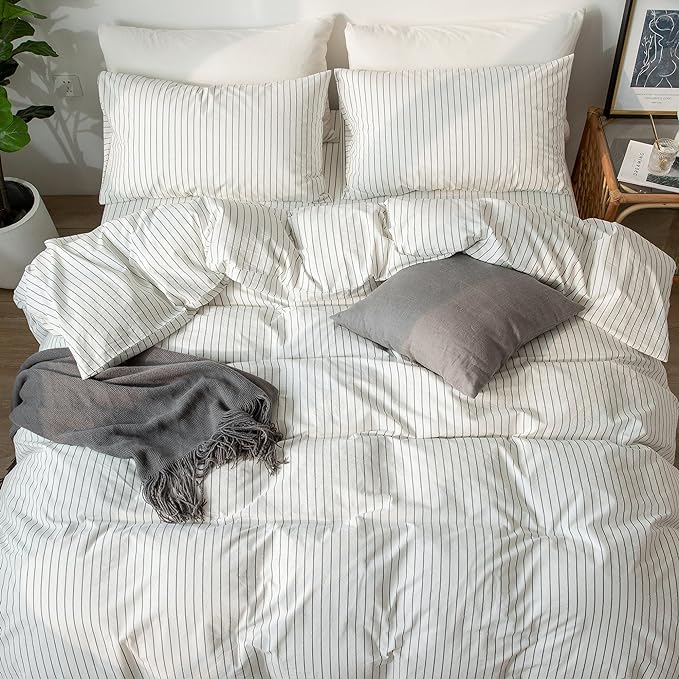 MooMee Striped Duvet Cover Set 100% Washed Cotton Linen Like Textured Breathable Durable Soft Comfy (White Dark Grey Wide Stripes, Twin 68"x90")