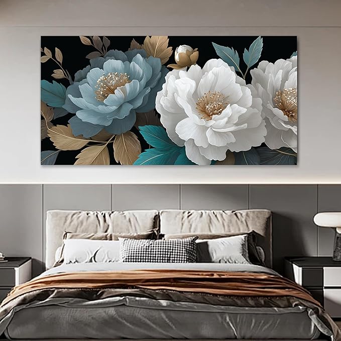 Tarfupth Large White Flower Canvas Wall Art for Bedroom Teal Botanical Gold Artwork for Living Room Office Kitchen Home Modern Canvas Prints 29x58 Inch