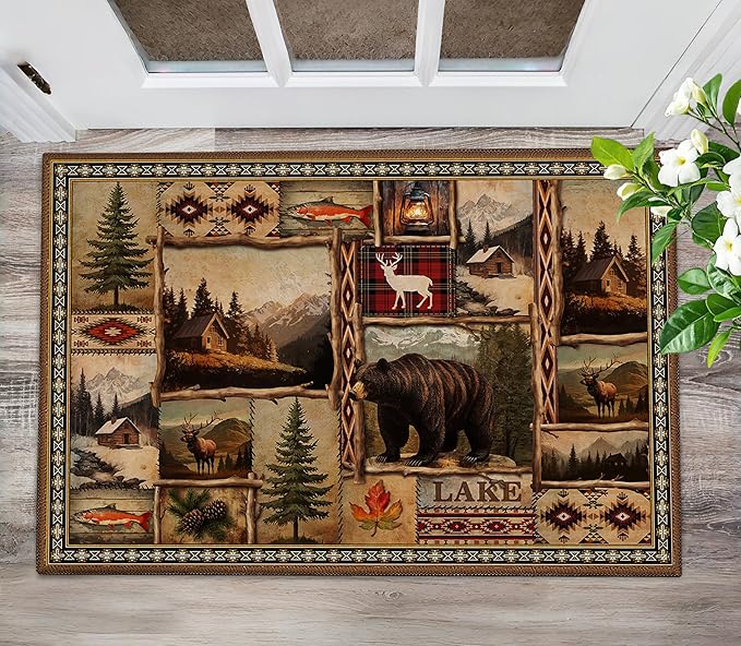 2'x'3 Rustic Lodge Bear Moose Deer Small Entryway Rugs Vintage Farmhouse Cabin Decor Front Door Mat Indoor Entrance for Entryway Kitchen Bathroom Bedroom Entry Area Rug Non Slip Machine Washable