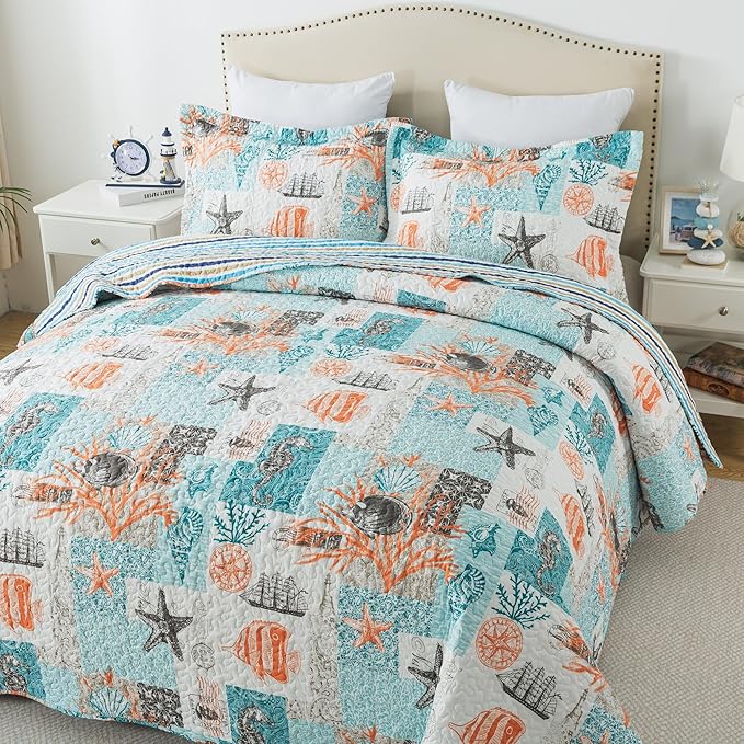 HoneiLife Quilt Set Queen Size - 3 Pieces Nautical Bedspreads Coastal Coverlets Ocean Bed Cover Queen Quilt Bedding Set All Season Quilts
