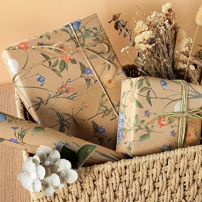 WRAPAHOLIC 30 Inch Kraft Floral Wrapping Paper Roll - 30 Inch x 33 Feet - Wildflower Wrapping Paper Perfect for Girls Women Birthday, Wedding, Bridal Shower