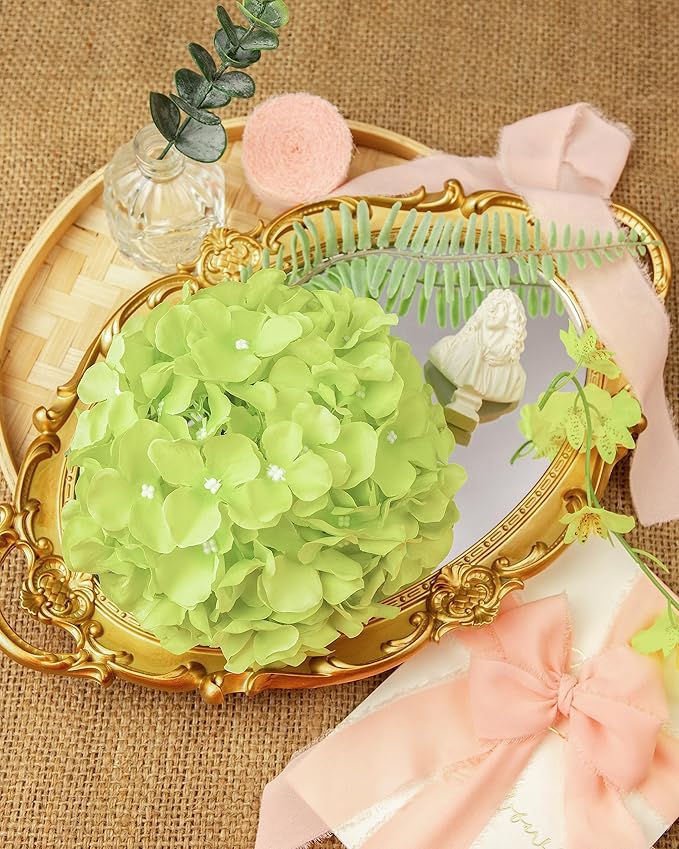 DuHouse 8.7" Silk Hydrangea Flower Heads with Stems Fake Hydrangeas Flowers for DIY Wedding Centerpiece Home Decor,Pack of 6(Light Green)