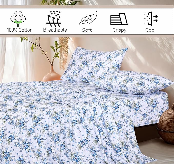 RUVANTI 100% Cotton King Size Sheets Set, 4 Pieces, Soft & Breathable Percale Weave Bedding, Deep Pocket 16", Hotel Standard, Crisp Cool Feel, Durable, Perfect Floral Bed Sheet, Paislyona